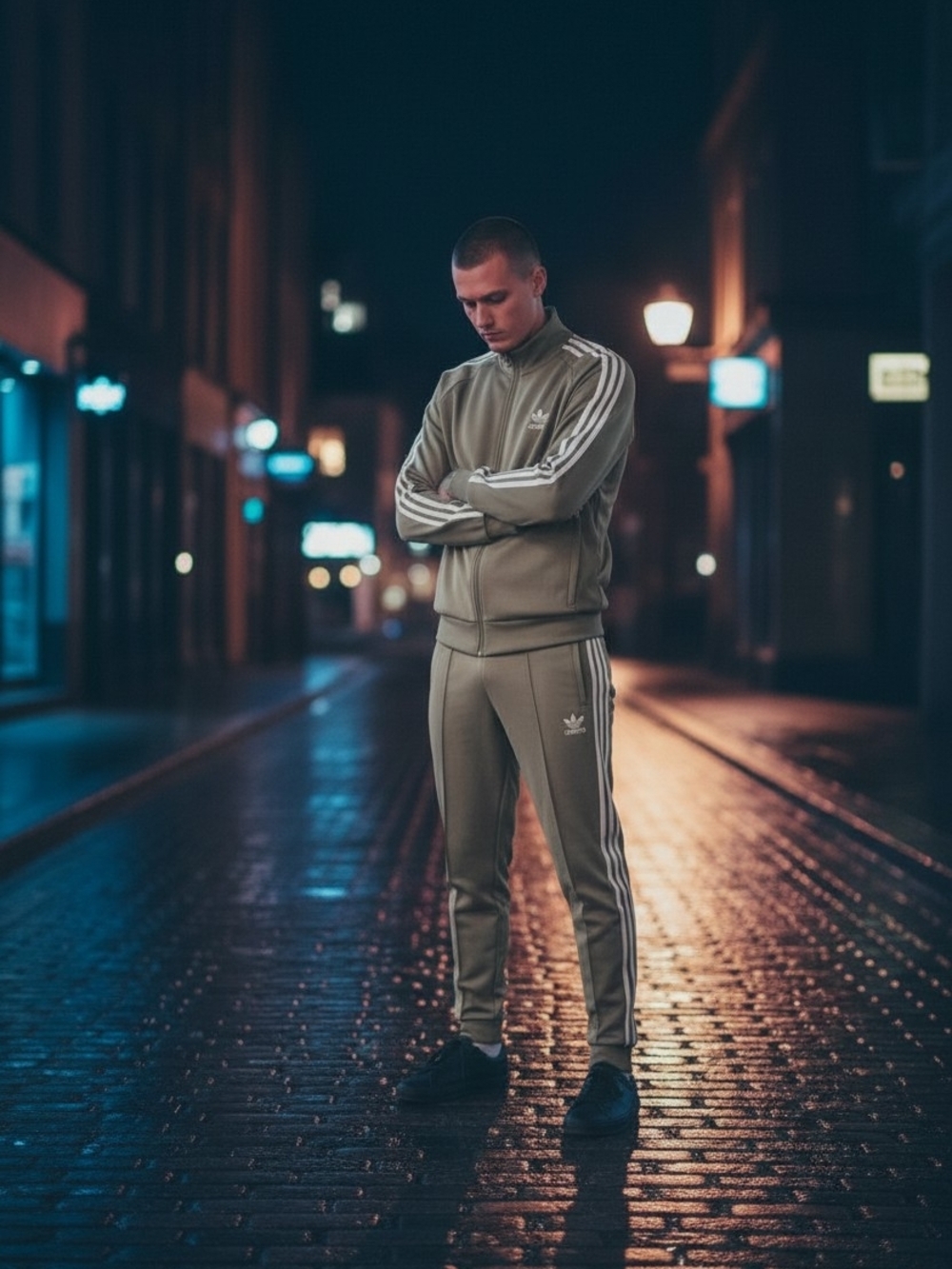 adidas Men's Olive Track Jacket with White Three-Stripes - Picture 2 of 3